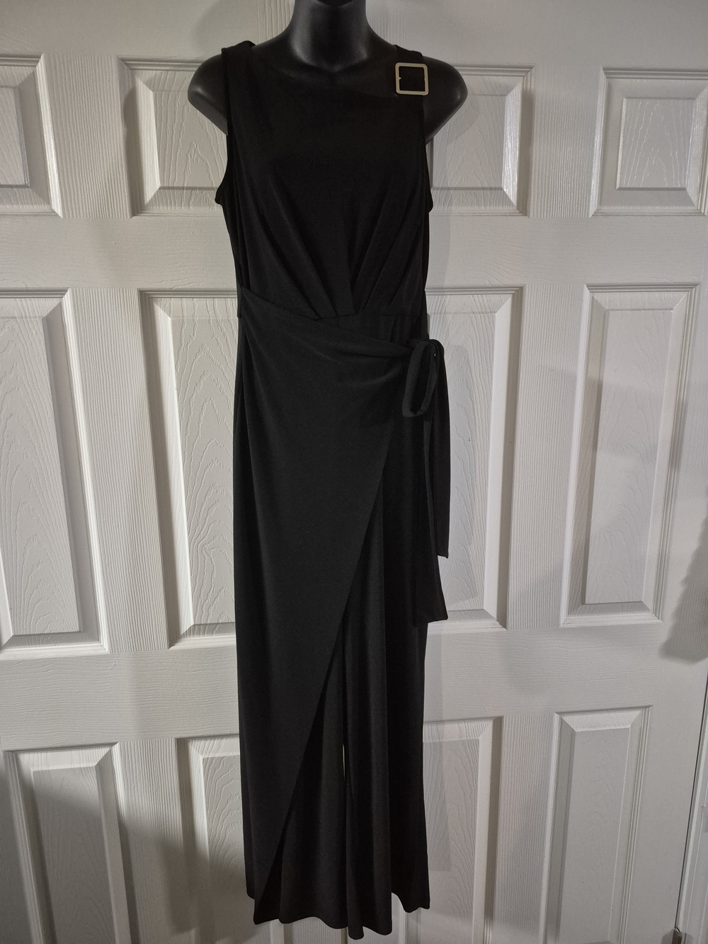 Sleeveless Black Wrap Jumpsuit with Gold Buckle Detail